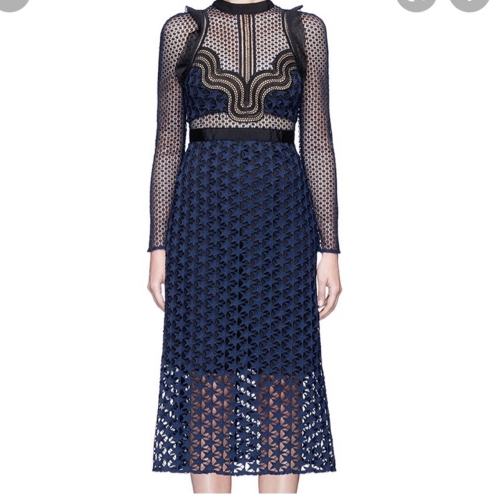 Self Portrait Elegant Lace Dress 
Star Lace Midi Dress in navy blue